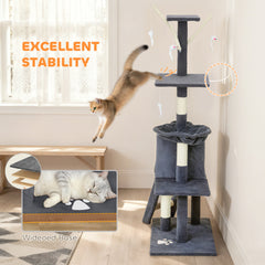 53" Cat Tree Tower, Kitten Activity Centre with Scratching Posts, Condo, Perches, Ladder, Hammock, Dangling Toys, Grey