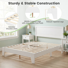 Queen Wood Platform Bed with Mid Century Headboard and 6 Inch Clearance, White