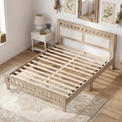 Queen Wood Platform Bed with Upholstered Headboard Panels and 17.5 Inch Footboard