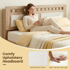 Queen Wood Platform Bed with Upholstered Headboard Panels and 17.5 Inch Footboard