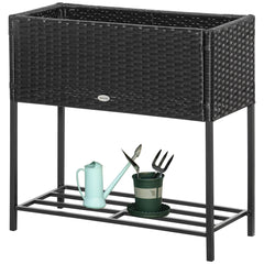 Rattan Raised Garden Boxes, Elevated Flower Beds with Storage Shelf for Herbs, Flowers, Vegetables, Brown