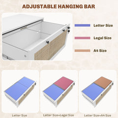 2-Drawer Filing Cabinet with Lock, Rattan File Cabinet with Adjustable Hanging Bar, Natural