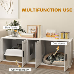 Cat Litter Box Enclosure with Double Room, Scratching Board for 2 Cats, 57" x 19" x 20", White