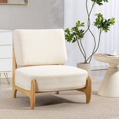 Accent Chair with Rubber Wood Frame, Wide Seat, Modern Chenille Bedroom Chair with Thick Cushion, Cream White