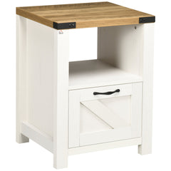 Side Table with Storage, Farmhouse End Table with Drawer, Open Shelf and Barn-style Panel, Nightstand for Living Room, Bedroom, Oak