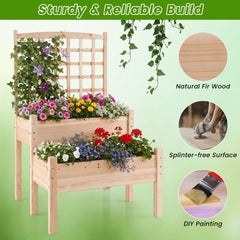 Raised Garden Bed with Trellis 2-Tier for Outdoor Climbing Plants-Natural