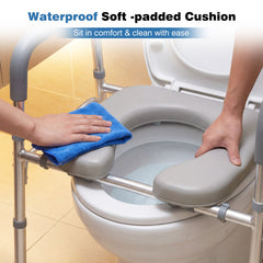 Raised Toilet Seat with Handles and Padded Arms for Seniors-Silver