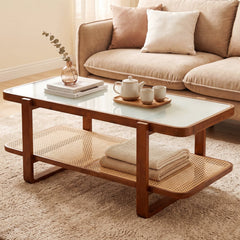 Rattan Coffee Table with Tempered Glass Top and Storage Shelf-Walnut