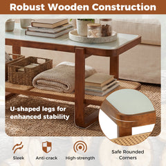Rattan Coffee Table with Tempered Glass Top and Storage Shelf-Walnut