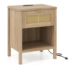 Rattan Nightstand with Charging Station and Storage Shelf for Bedroom-Oak