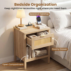 Rattan Nightstand with Charging Station and Storage Shelf for Bedroom-Oak