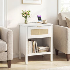 Rattan Nightstand with Charging Station and Storage Shelf for Bedroom-White