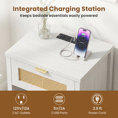 Rattan Nightstand with Charging Station and Storage Shelf for Bedroom-White