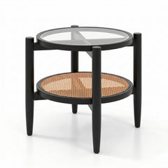 Rattan Round Side End Table with Tempered Glass Tabletop-Black