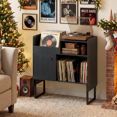 Record Player Stand with Power Outlets and Vinyl Storage Holder up to 250 Albums-Black