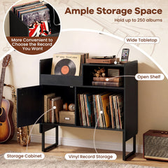 Record Player Stand with Power Outlets and Vinyl Storage Holder up to 250 Albums-Black