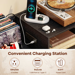 Record Player Stand with Power Outlets and Vinyl Storage Holder up to 250 Albums-Black