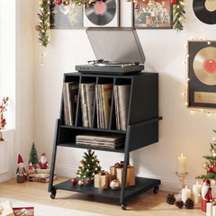 Record Player Stand on Wheels Rolling Turntable Stand with Power Outlets-Black
