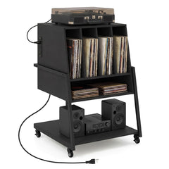 Record Player Stand on Wheels Rolling Turntable Stand with Power Outlets-Black