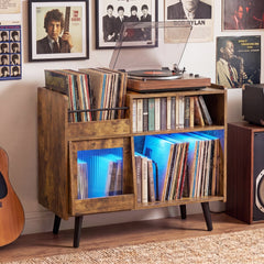 Record Player Stand with LED Light and Power Outlets-Rustic Brown