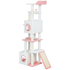 65 Inch Cat Tree with 2 Doors Condos, Plush Top Perch, Hammock, Sisal Scratching Posts, 4 Pompoms, Ramp, Grey