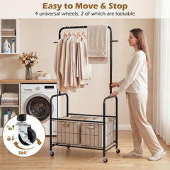 Rolling Metal Clothes Rack with Hanging Rod and Storage Basket-Black