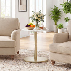 Round Marble Side Table with Stone Finish and Wooden Base for Small Spaces-White and Gold