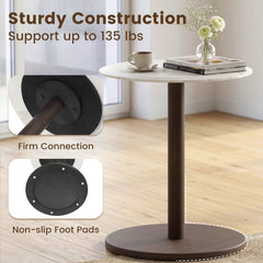 Round Marble Side Table Pedestal End Table with Stone Finish and Wooden-Black & White