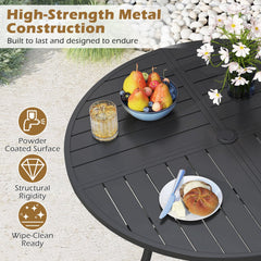 Round Patio Dining Table 42.5 Inch Metal Slat Table with Umbrella Hole-Black