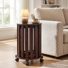 Set of 4 Round Nesting Stools with Rolling Base, Walnut Rubber Wood, Stack to 24 Inch Column