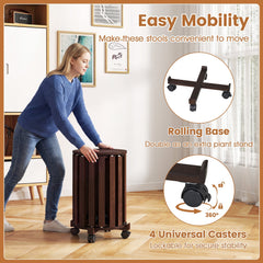 Set of 4 Round Nesting Stools with Rolling Base, Walnut Rubber Wood, Stack to 24 Inch Column