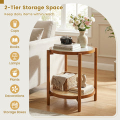 Round Side Table 2-Tier Boho End Table with Tempered Glass Top-Walnut