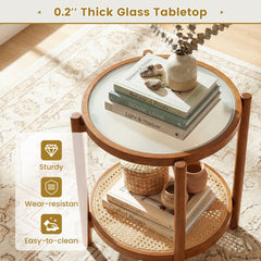 Round Side Table 2-Tier Boho End Table with Tempered Glass Top-Walnut