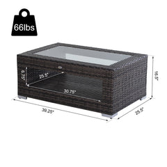 2-Tier Rattan Patio Coffee Table Wicker Patio Tea End Desk with Tempered Glass Top & Storage for Balcony, Backyard, Poolside