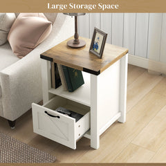 Side Table with Storage, Farmhouse End Table with Drawer, Open Shelf and Barn-style Panel, Nightstand for Living Room, Bedroom, Oak