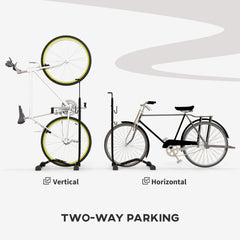 Vertical & Horizontal Bike Rack Bicycle Storage Stand with Adjustable Hooks, Fits 6"-28" and 700c Bikes