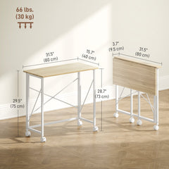 31.5" Home Office Desk, Folding Desk with Wheels for Small Space, Easy Assembly for Home Office, Natural Wood Finish