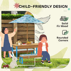 Kids Picnic Table and Bench Set with Removable Umbrella, Cushions & Boxes, Dinosaur Theme for Outdoor, Blue