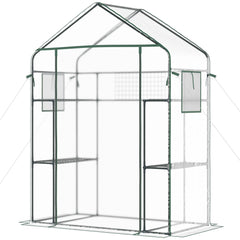 Walk-in Greenhouse with 4 Shelves, 56" x 29" x 77" Mini Greenhouse ,Roll-Up Door, Mesh Windows for Seedling, Flowers, Plant Growing, Clear