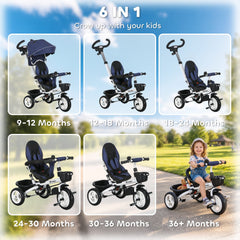 6 in 1 Toddler Tricycle with Parent Push Handle, Canopy, Storage Baskets, Cupholder, Dark Blue