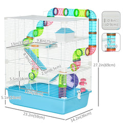 23" Large Hamster Cage, Small Animal House, 5-Level Gerbil Haven, Tunnel Tube System, with Water Bottle, Exercise Wheel, Food Dish, Ramps, 2 Doors, Light Blue
