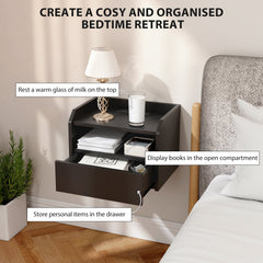 Wall Mounted Bedside Table, Set of 2 Floating Nightstand with Charging Station, Drawer and Open Shelf for Bedroom, Black