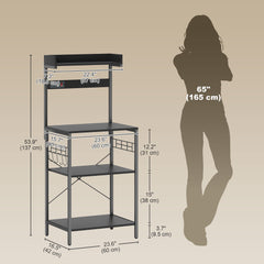 Kitchen Baker's Rack with Power Outlet, Coffee Bar Station with Adjustable Shelves and Hooks, Distressed Grey
