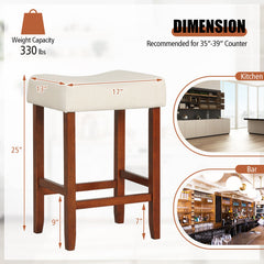 Set of 2 Backless Saddle Bar Stools with Nailhead Trim in Off White, 25 Inch Seat