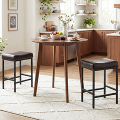 Set of 2 Backless Saddle Counter Stools in Brown with Black Metal Frames, 25 Inch