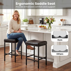 Set of 2 Backless Saddle Counter Stools in Brown with Black Metal Frames, 25 Inch