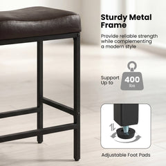 Set of 2 Backless Saddle Counter Stools in Brown with Black Metal Frames, 25 Inch