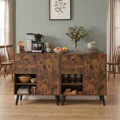 Set of 2 31 inches Buffet Cabinet with 2 Drawers and Open Compartments for Kitchen-Rustic Brown