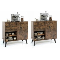 Set of 2 31 inches Buffet Cabinet with 2 Drawers and Open Compartments for Kitchen-Rustic Brown