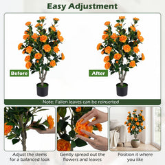 Set of 2 39.5 inches Artificial Camellia Tree with Orange Blossoms in Cement Pot for Decoration-Orange
